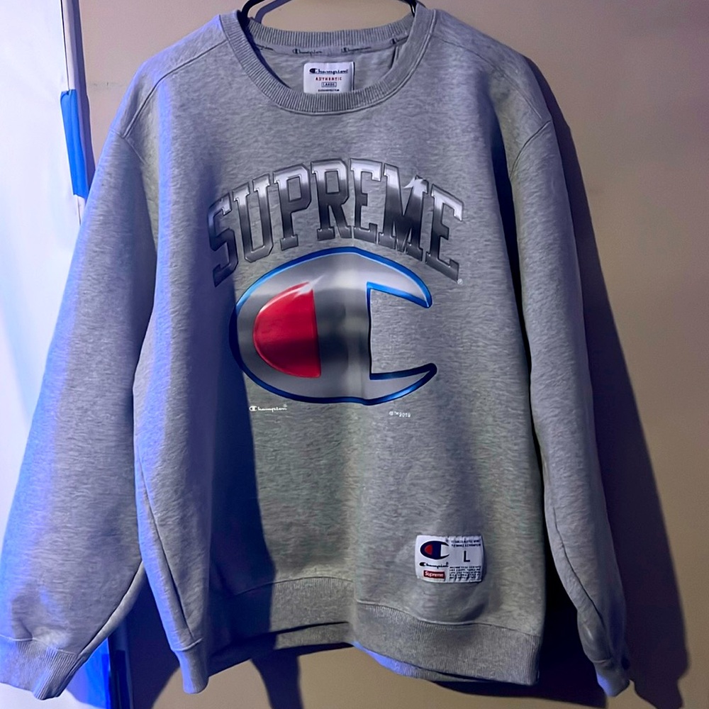 SUPREME X CHAMPION CHROME CREWNECK SIZE LARGE GRAY